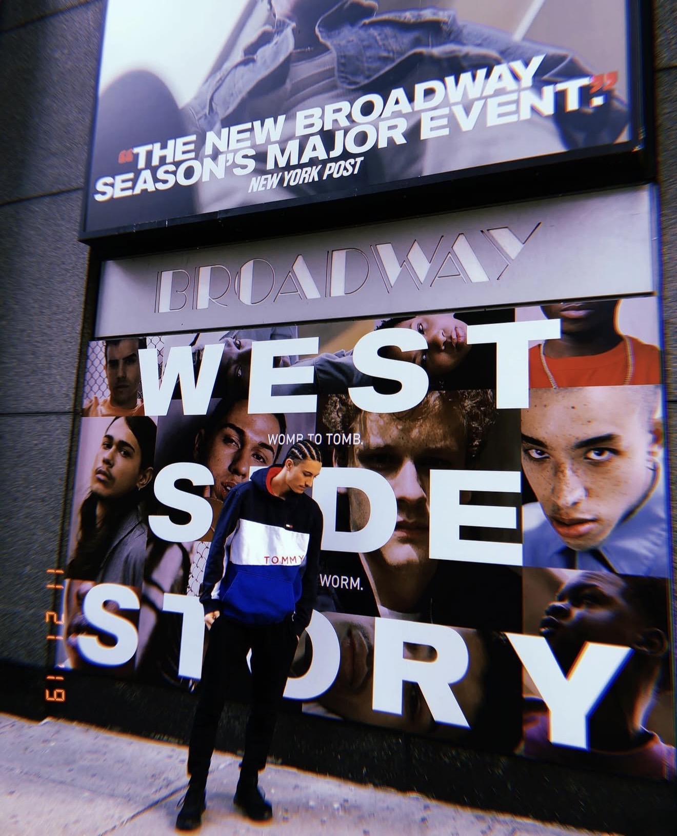 Sheldon True outside the West Side Story marquee on Broadway